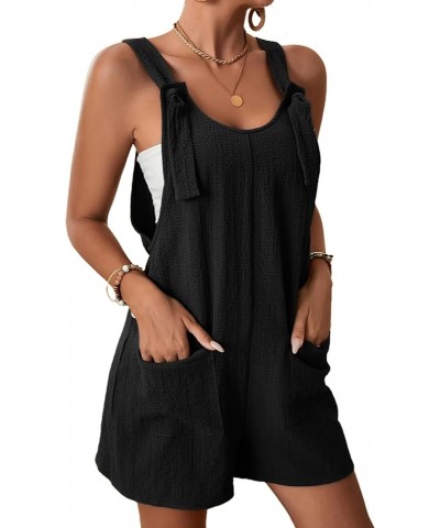 Women Summer Linen Overalls Shorts Loose Fit Sleeveless Knot Strap Cotton Short Romper Jumpsuits with Pockets Black $13.05 Ov...