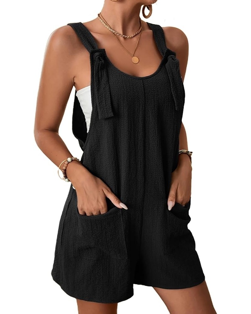 Women Summer Linen Overalls Shorts Loose Fit Sleeveless Knot Strap Cotton Short Romper Jumpsuits with Pockets Black $13.05 Ov...