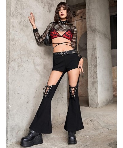 Women's Cut Out High Waisted Flare Elastic Waist Party Leggings Night Out Pants Lace Up Black $18.62 Leggings