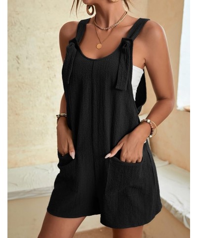 Women Summer Linen Overalls Shorts Loose Fit Sleeveless Knot Strap Cotton Short Romper Jumpsuits with Pockets Black $13.05 Ov...