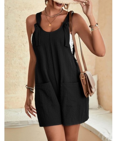 Women Summer Linen Overalls Shorts Loose Fit Sleeveless Knot Strap Cotton Short Romper Jumpsuits with Pockets Black $13.05 Ov...