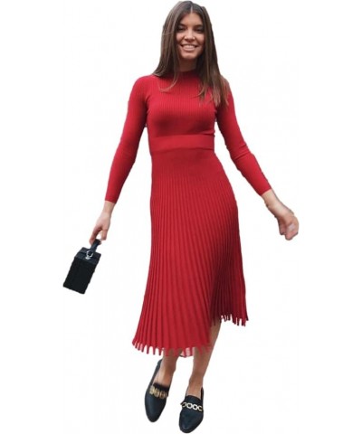 Womens Solid Pleat Knitted Long Sleevees Fit and Flare Stretchy Sweater Dresses A-red $30.20 Sweaters