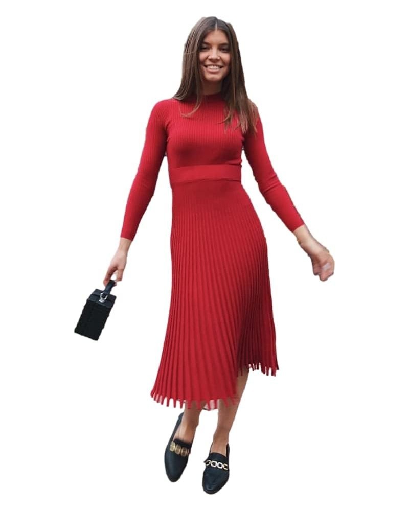 Womens Solid Pleat Knitted Long Sleevees Fit and Flare Stretchy Sweater Dresses A-red $30.20 Sweaters