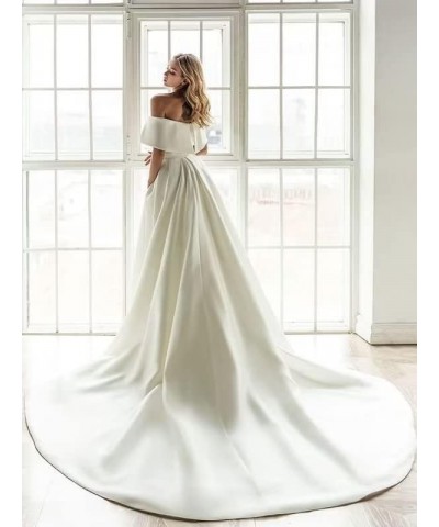 Long Sleeve Lace Wedding Dresses for Bride Satin Ball Gowns Simple V Neck Bridal Gowns for Women J-ivory $47.70 Dresses