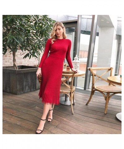 Womens Solid Pleat Knitted Long Sleevees Fit and Flare Stretchy Sweater Dresses A-red $30.20 Sweaters