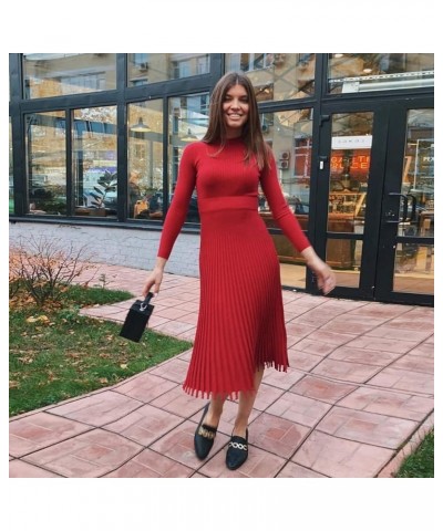 Womens Solid Pleat Knitted Long Sleevees Fit and Flare Stretchy Sweater Dresses A-red $30.20 Sweaters