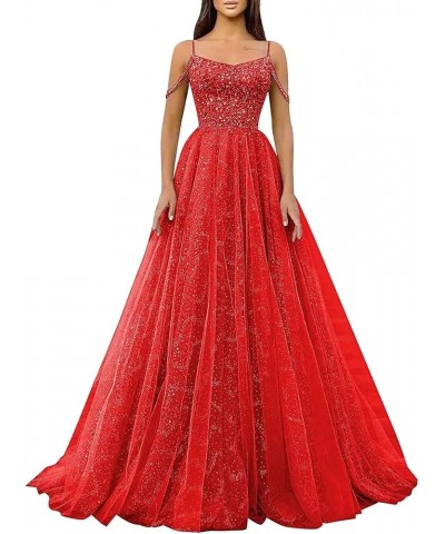 Spaghetti Straps Long Sequin Prom Dresses Sparkly Glitter Tulle Ball Gowns for Women Formal Evening Red $46.74 Dresses