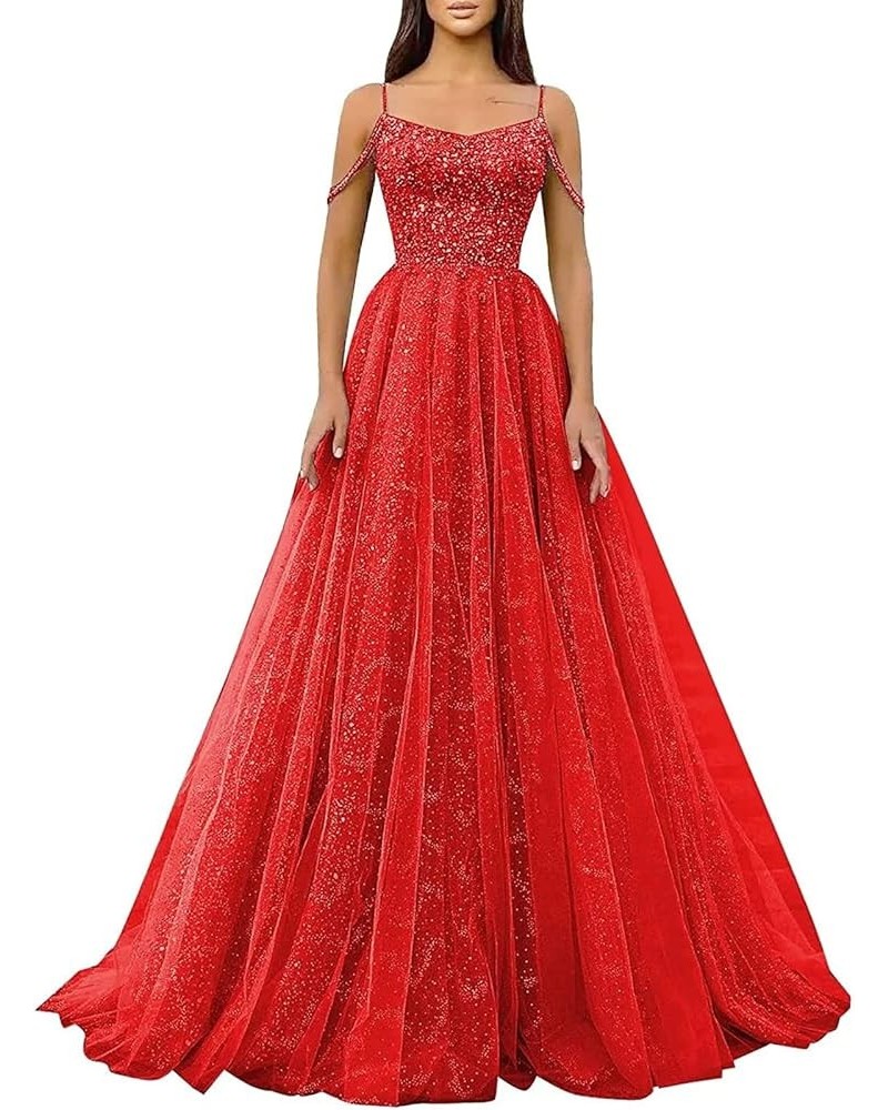 Spaghetti Straps Long Sequin Prom Dresses Sparkly Glitter Tulle Ball Gowns for Women Formal Evening Red $46.74 Dresses