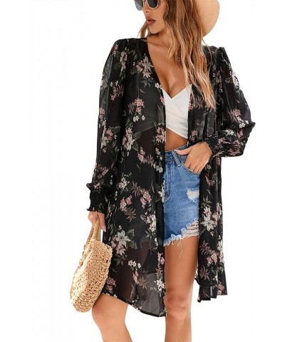 Women's Puff Sleeve Open Front Cardigan Leopard Floral Print Beach Cover Ups Chiffon Blouse Floral Black $11.50 Swimsuits