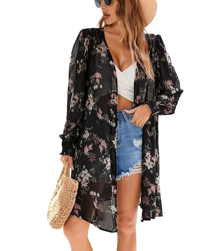 Women's Puff Sleeve Open Front Cardigan Leopard Floral Print Beach Cover Ups Chiffon Blouse Floral Black $11.50 Swimsuits