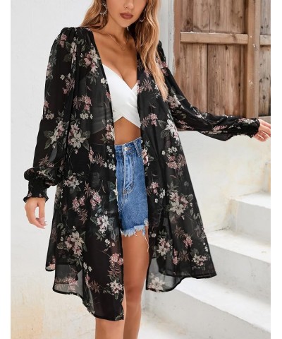 Women's Puff Sleeve Open Front Cardigan Leopard Floral Print Beach Cover Ups Chiffon Blouse Floral Black $11.50 Swimsuits