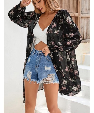 Women's Puff Sleeve Open Front Cardigan Leopard Floral Print Beach Cover Ups Chiffon Blouse Floral Black $11.50 Swimsuits