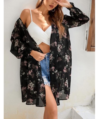 Women's Puff Sleeve Open Front Cardigan Leopard Floral Print Beach Cover Ups Chiffon Blouse Floral Black $11.50 Swimsuits