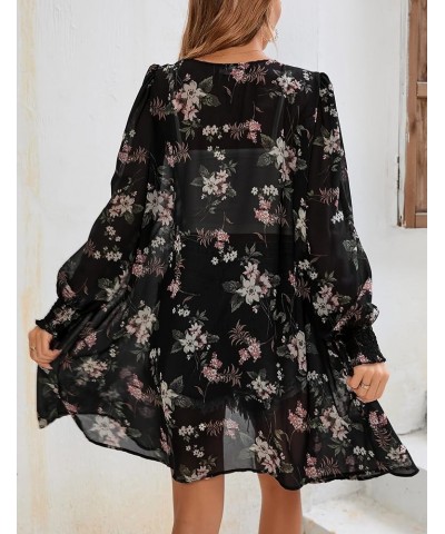 Women's Puff Sleeve Open Front Cardigan Leopard Floral Print Beach Cover Ups Chiffon Blouse Floral Black $11.50 Swimsuits