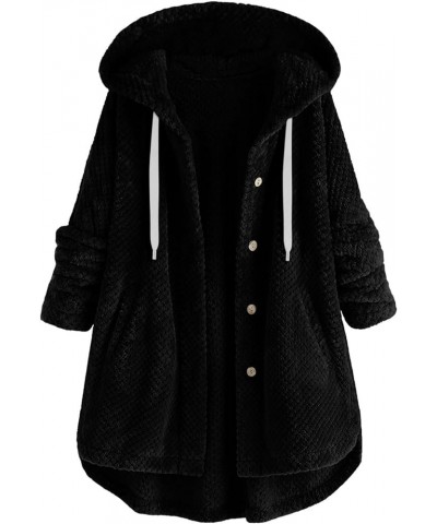 Women Winter Cute Fleece Coat Long Sleeve Button Plush Hooded Jacket Oversized Windproof Outwear Plus Size A-black $7.79 Jackets