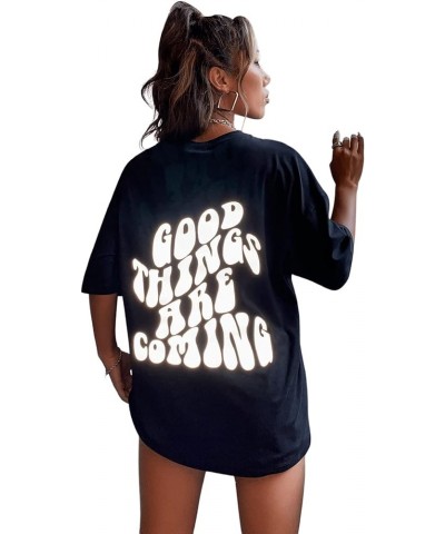 Women's Short Sleeve Round Neck Tee Graphic Oversized T-Shirt 2 Black Letter $12.88 Tops