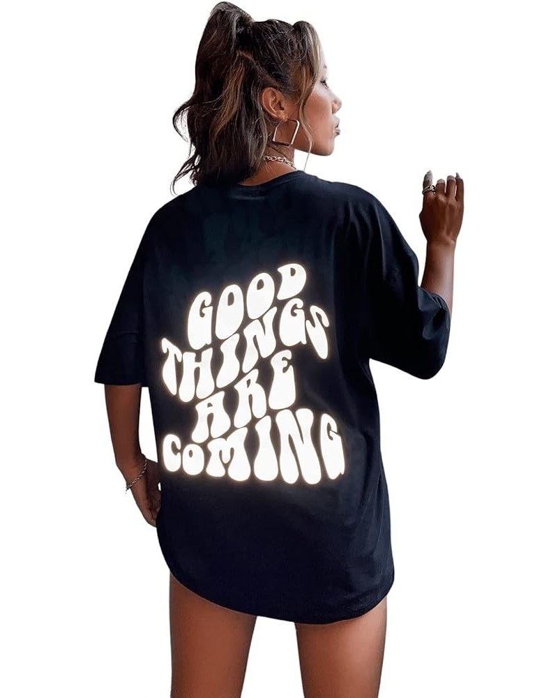 Women's Short Sleeve Round Neck Tee Graphic Oversized T-Shirt 2 Black Letter $12.88 Tops