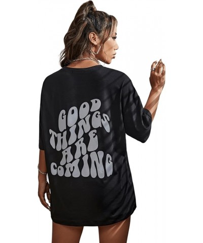 Women's Short Sleeve Round Neck Tee Graphic Oversized T-Shirt 2 Black Letter $12.88 Tops