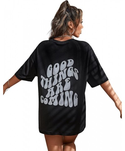 Women's Short Sleeve Round Neck Tee Graphic Oversized T-Shirt 2 Black Letter $12.88 Tops