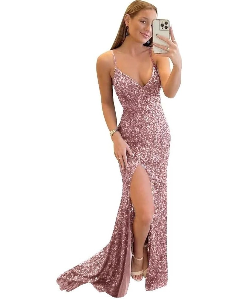 Women's Sequin Prom Dresses Long 2024 Sparkly Sexy Backless Mermaid Evening Gown with Slit Dusty Rose $32.25 Dresses