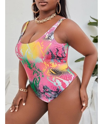 Women's Plus Size Snakeskin One Piece Swimsuit with Beach Skirt 2 Piece Bathing Suits Multicolor $17.64 Swimsuits