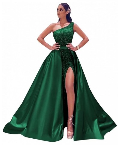 Women's Sparkly One Shoulder Sequin Prom Dresses Long 2024 Sheath Formal Evening Gown with Detachable Train VT008 Dark Green ...