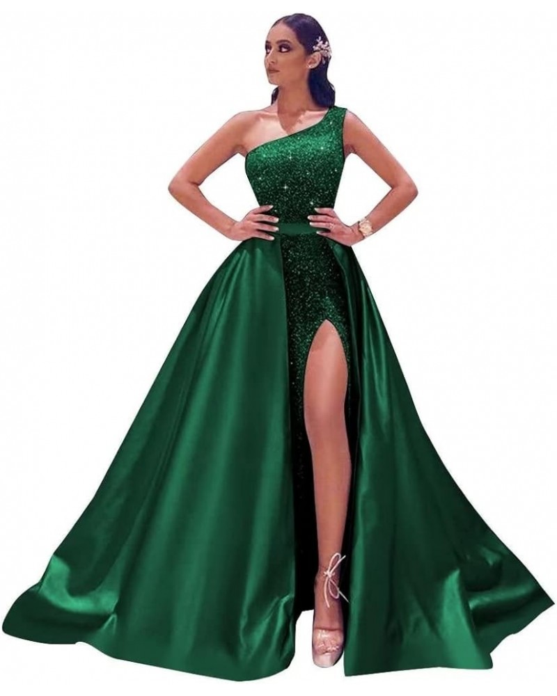 Women's Sparkly One Shoulder Sequin Prom Dresses Long 2024 Sheath Formal Evening Gown with Detachable Train VT008 Dark Green ...