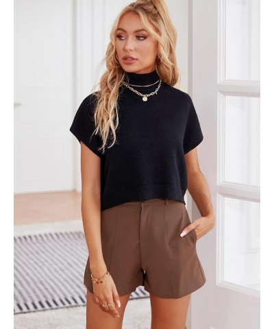 Women's Mock High Neck Short Sleeve Solid Knit Crop Top Sweater Pullovers Black $16.80 Sweaters