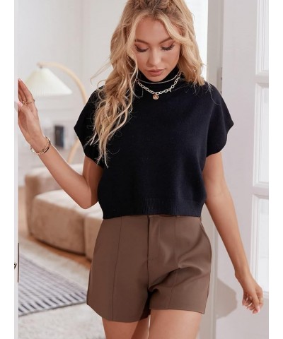 Women's Mock High Neck Short Sleeve Solid Knit Crop Top Sweater Pullovers Black $16.80 Sweaters