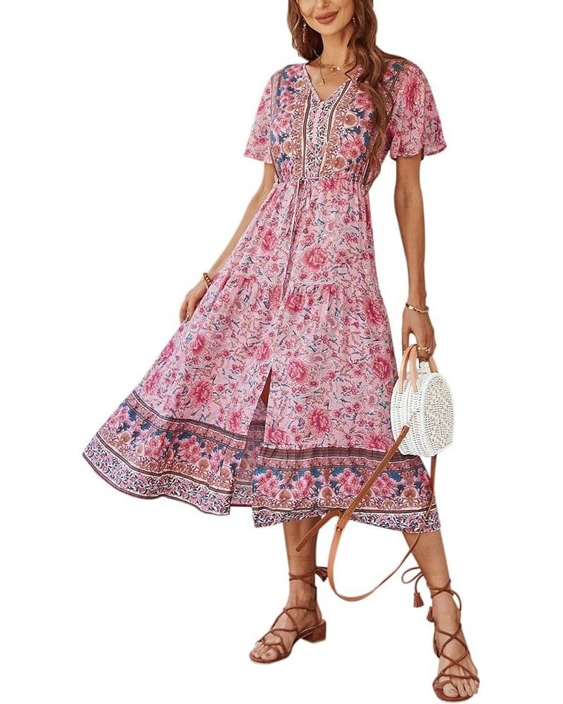 Women's Dresses Summer Bohemian Casual Short Sleeve Floral Print Maxi Dress S-2XL 47-pink $18.04 Dresses