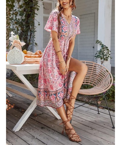 Women's Dresses Summer Bohemian Casual Short Sleeve Floral Print Maxi Dress S-2XL 47-pink $18.04 Dresses