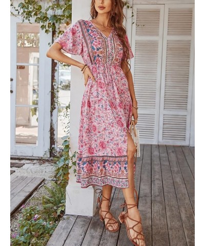 Women's Dresses Summer Bohemian Casual Short Sleeve Floral Print Maxi Dress S-2XL 47-pink $18.04 Dresses