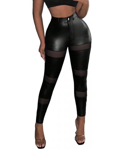 Women's Contrast Mesh Skinny High Waist PU Leather Cropped Pants Black $14.45 Leggings