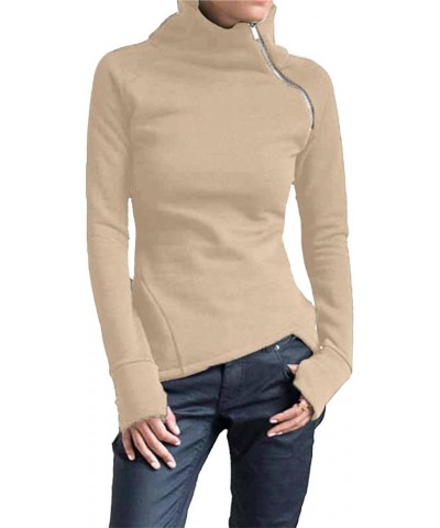 Women's Long Sleeve Fleece Pullovers Turtleneck Diagonal Zipper Sweatshirts Tops Casual Fashion Tunic Shirt Khaki $8.79 Others