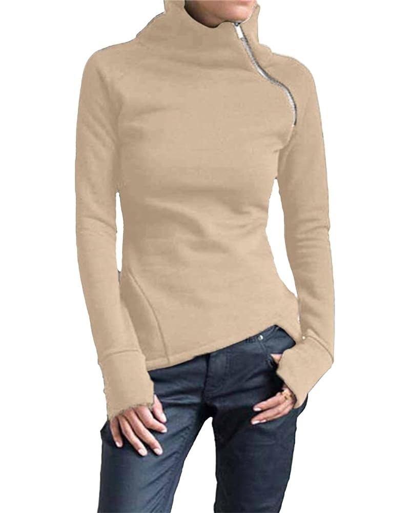 Women's Long Sleeve Fleece Pullovers Turtleneck Diagonal Zipper Sweatshirts Tops Casual Fashion Tunic Shirt Khaki $8.79 Others