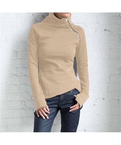 Women's Long Sleeve Fleece Pullovers Turtleneck Diagonal Zipper Sweatshirts Tops Casual Fashion Tunic Shirt Khaki $8.79 Others