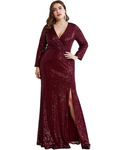 Women's Plus Size Long Sleeve Slit Sequin Maxi Evening Dresses 0824-PZUSA Burgundy $32.80 Dresses