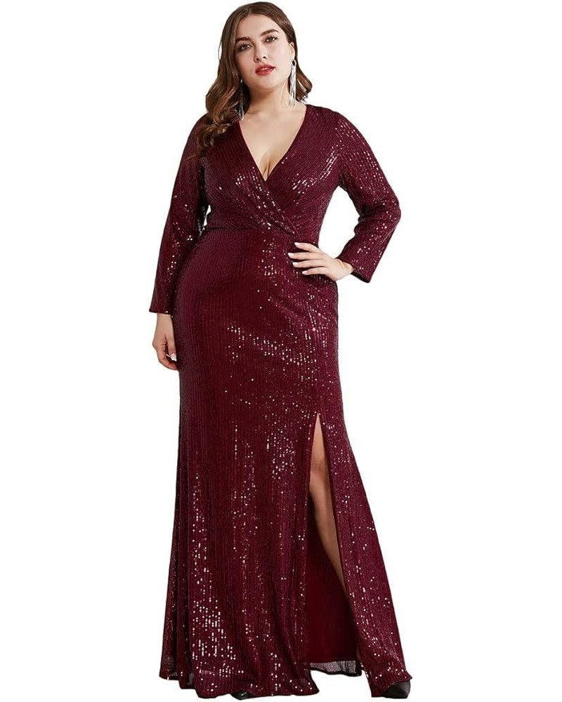 Women's Plus Size Long Sleeve Slit Sequin Maxi Evening Dresses 0824-PZUSA Burgundy $32.80 Dresses