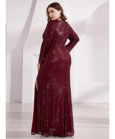 Women's Plus Size Long Sleeve Slit Sequin Maxi Evening Dresses 0824-PZUSA Burgundy $32.80 Dresses