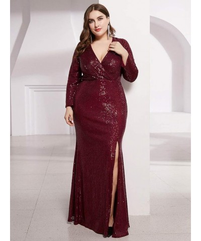 Women's Plus Size Long Sleeve Slit Sequin Maxi Evening Dresses 0824-PZUSA Burgundy $32.80 Dresses