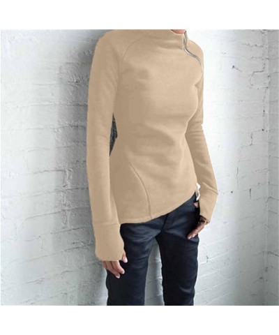 Women's Long Sleeve Fleece Pullovers Turtleneck Diagonal Zipper Sweatshirts Tops Casual Fashion Tunic Shirt Khaki $8.79 Others