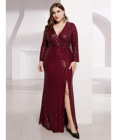 Women's Plus Size Long Sleeve Slit Sequin Maxi Evening Dresses 0824-PZUSA Burgundy $32.80 Dresses