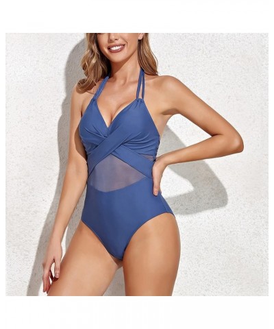 Women V Neck One Piece Swimsuits Tummy Control Ruched Swimwear Halter Bathing Suit D-blue $9.90 Swimsuits