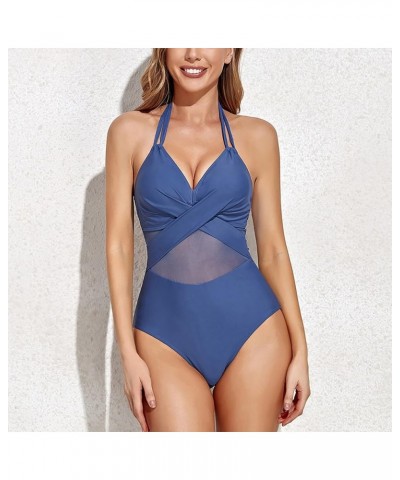 Women V Neck One Piece Swimsuits Tummy Control Ruched Swimwear Halter Bathing Suit D-blue $9.90 Swimsuits