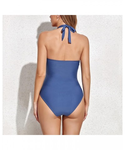 Women V Neck One Piece Swimsuits Tummy Control Ruched Swimwear Halter Bathing Suit D-blue $9.90 Swimsuits