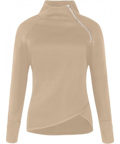 Women's Long Sleeve Fleece Pullovers Turtleneck Diagonal Zipper Sweatshirts Tops Casual Fashion Tunic Shirt Khaki $8.79 Others