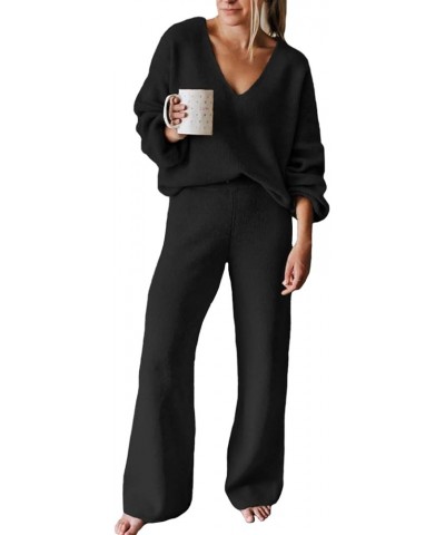 Women 2 Piece Outfits V Neck Sweater Wide Leg Sweatsuit Rib Knit Lounge Sets Leisure Wear A-black $29.40 Activewear