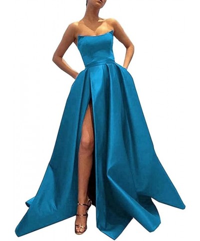 Women's One Shoulder Prom Dresses Satin High Slit A-Line Long Formal Party Gowns YXXY599 2style-blue $39.71 Dresses