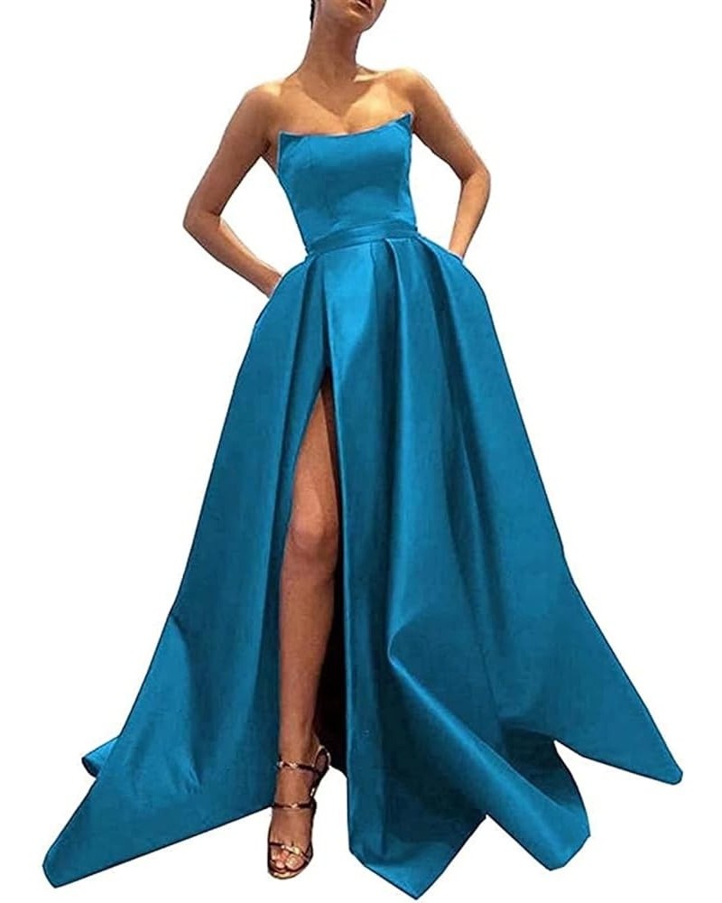 Women's One Shoulder Prom Dresses Satin High Slit A-Line Long Formal Party Gowns YXXY599 2style-blue $39.71 Dresses