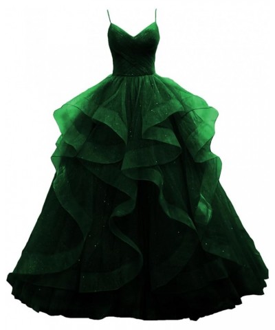 Glitter Tulle Prom Dresses 2024 Spaghetti Straps Ball Gown for Women Long Homecoming Dresses for Teens Emerald Green $43.70 D...